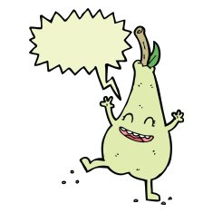 cartoon happy dancing pear with speech bubble N8