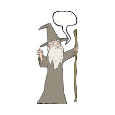 cartoon old wizard with speech bubble N8