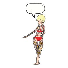 cartoon bikini girl covered in tattoos with speech bubble N8