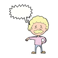 cartoon man making camp gesture with speech bubble N25