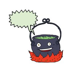 cartoon witch's cauldron with speech bubble