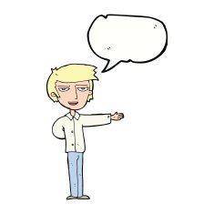 cartoon man gesturing welcome with speech bubble N9