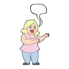 cartoon happy fat woman with speech bubble N5