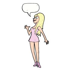 cartoon woman in pink dress with speech bubble N9
