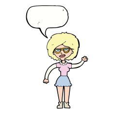 cartoon waving woman wearing spectacles with speech bubble N9