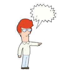 cartoon man in glasses pointing with speech bubble N9