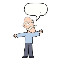 cartoon old man spreading arms wide with speech bubble N9
