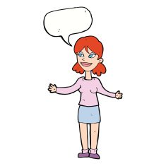 cartoon happy woman shrugging shoulders with speech bubble N17