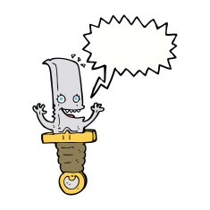 crazy cartoon knife character with speech bubble N9