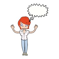 cartoon pretty woman with hands in air speech bubble N9