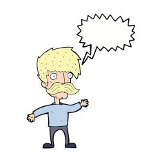 cartoon man with mustache waving speech bubble N25