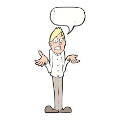 cartoon man shrugging shoulders with speech bubble N34