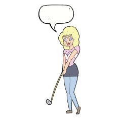cartoon woman playing golf with speech bubble N17