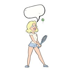 cartoon woman playing tennis with speech bubble N8