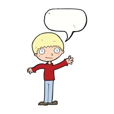 cartoon happy waving boy with speech bubble N17