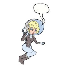 cartoon space woman with speech bubble N25