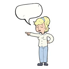 cartoon friendly woman pointing with speech bubble N9