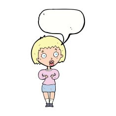 cartoon woman making Who Me? gesture with speech bubble N37