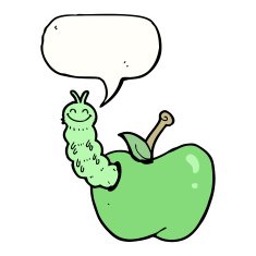 cartoon bug eating apple with speech bubble N17