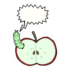 cartoon bug eating apple with speech bubble N18