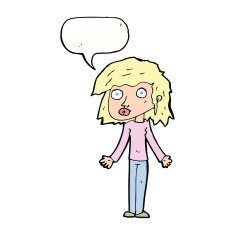 cartoon girl shrugging shoulders with speech bubble N27