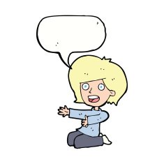 cartoon shocked woman on knees with speech bubble N9