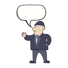 cartoon sensible business man in bowler hat with speech bubble N9