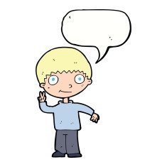 cartoon boy giving peace sign with speech bubble N8