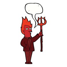 cartoon devil with pitchfork speech bubble N26