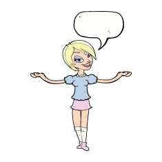 cartoon woman making open arm gesture with speech bubble N9