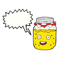 cartoon honey jar with speech bubble