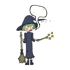 cartoon witch casting spell with speech bubble N18