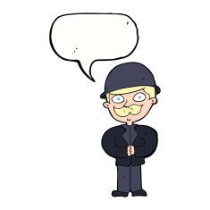 cartoon man in bowler hat with speech bubble