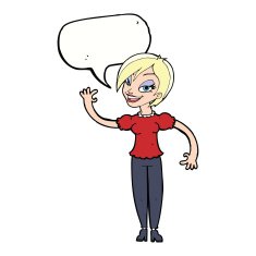 cartoon woman waving with speech bubble N295