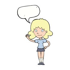 cartoon woman waving with speech bubble N296