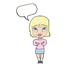 cartoon woman gesturing at self with speech bubble N26