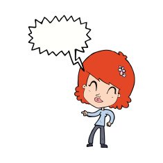 cartoon happy woman pointing with speech bubble N58