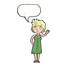 cartoon hippie woman waving with speech bubble N7