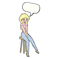 cartoon pretty girl on stool with speech bubble N7