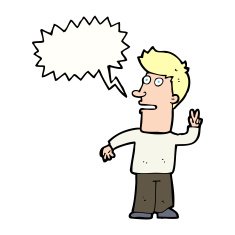 cartoon man making peace sign with speech bubble N9