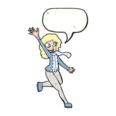cartoon woman waving dressed for winter with speech bubble N8