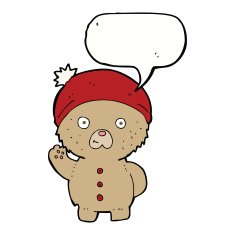 cartoon waving teddy bear in winter hat with speech bubble