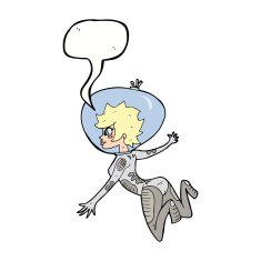 cartoon space woman with speech bubble N26