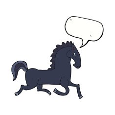 cartoon running black stallion with speech bubble