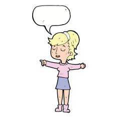 cartoon happy woman pointing with speech bubble N59