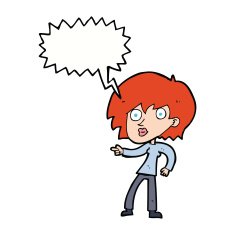 cartoon surprised woman pointing with speech bubble N9