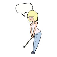 cartoon woman playing golf with speech bubble N18