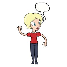 cartoon woman waving with speech bubble N300