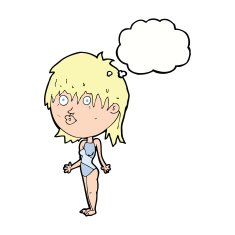 cartoon woman in swimsuit shrugging shoulders with speech bubble N5