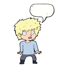 cartoon frightened boy with speech bubble N17